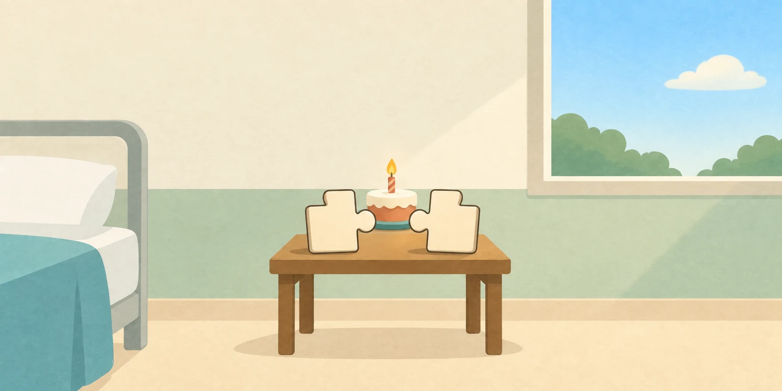 Two puzzle pieces that cannot fit, beside a small birthday cake.