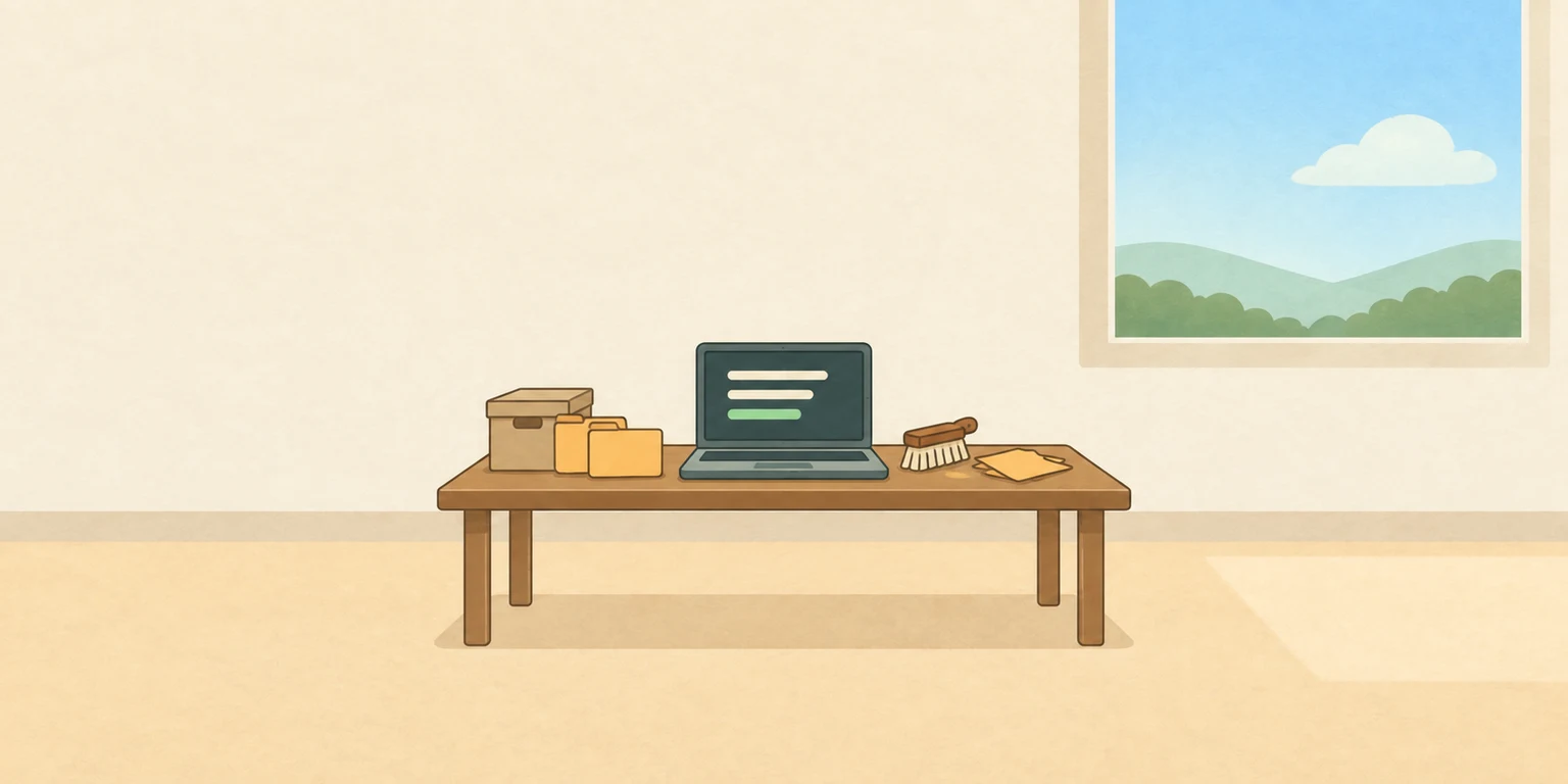 Folders and a small brush beside a laptop evoke clearing away old projects.