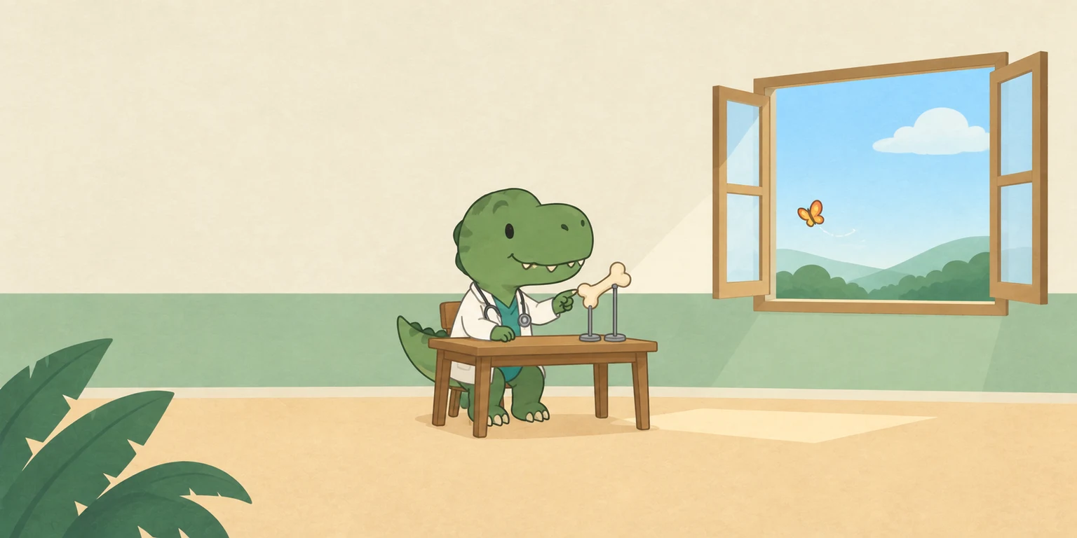 An imagined dinosaur doctor explains a bone model in a simple sunlit room.