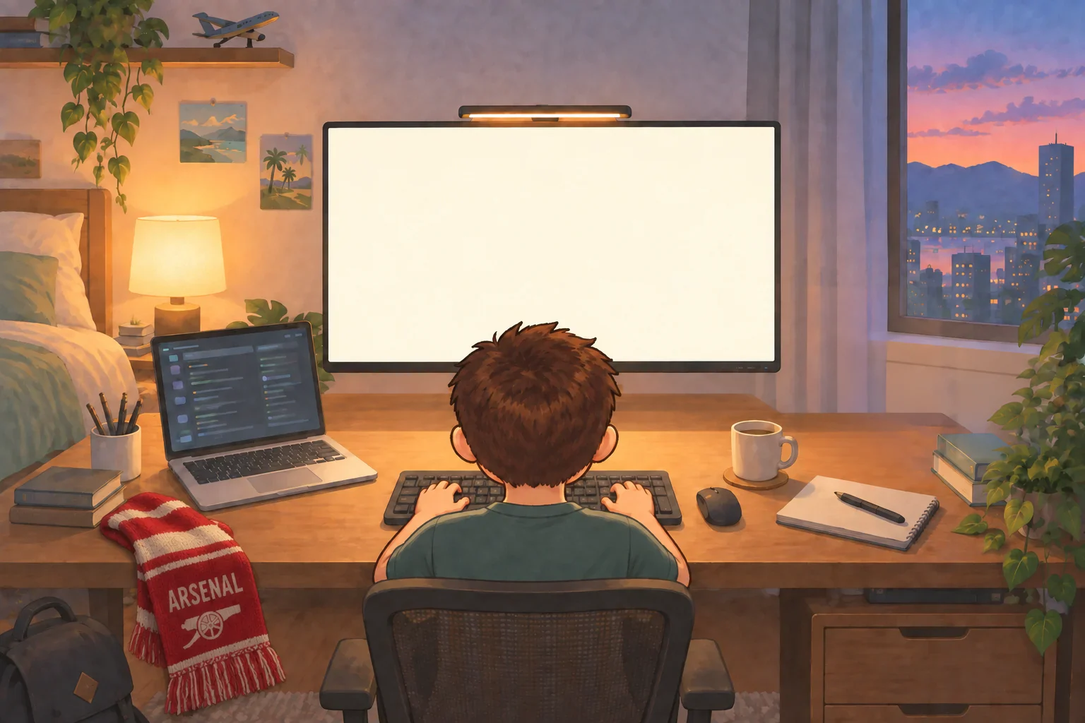 Looking over the back of Glen’s head as he works at a bedroom desk. Main monitor ahead, a laptop to the left and a globe to the right. An Arsenal scarf hangs over the desk.
