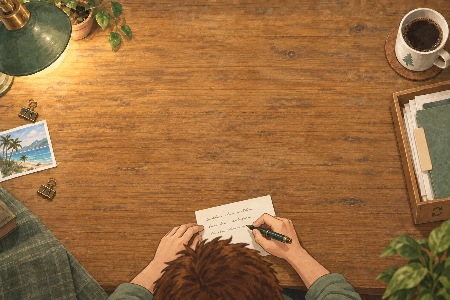 An overhead wooden writing desk, a lamp, coffee and archive tray. Glen’s crown and hands are visible below as he writes a note.